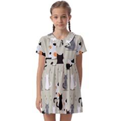 Cute Cat Seamless Pattern Kids  Asymmetric Collar Dress