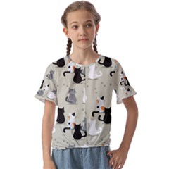 Cute Cat Seamless Pattern Kids  Cuff Sleeve Scrunch Bottom T-shirt