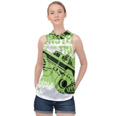 Monster Truck Illustration Green Car High Neck Satin Top by Sarkoni