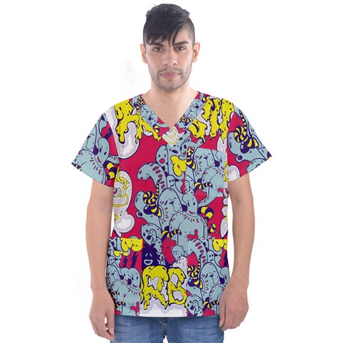 Fresh Urban Cartoon Monster Illustration Cartoon Character Text Men s V-neck Scrub Top by Sarkoni