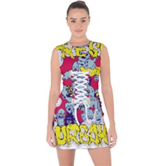 Fresh Urban Cartoon Monster Illustration Cartoon Character Text Lace Up Front Bodycon Dress