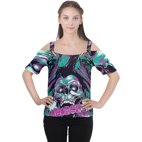 Anarchy Skull And Birds Cutout Shoulder T-shirt by Sarkoni