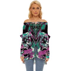 Anarchy Skull And Birds Off Shoulder Chiffon Pocket Shirt by Sarkoni