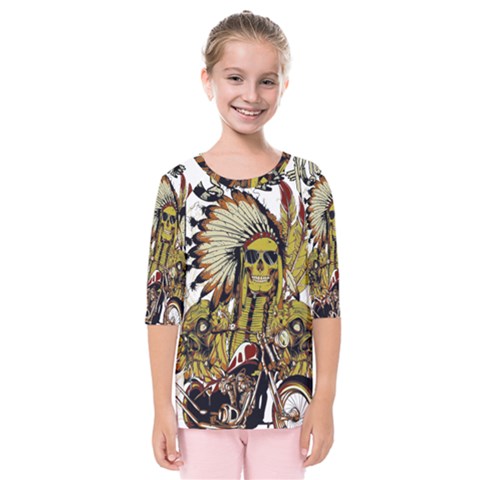 Motorcycle And Skull Cruiser Native American Kids  Quarter Sleeve Raglan T-shirt by Sarkoni