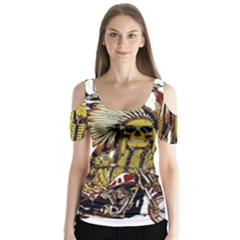 Motorcycle And Skull Cruiser Native American Butterfly Sleeve Cutout T-shirt 