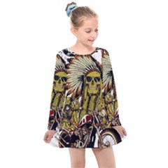 Motorcycle And Skull Cruiser Native American Kids  Long Sleeve Dress