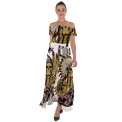 Motorcycle And Skull Cruiser Native American Off Shoulder Open Front Chiffon Dress by Sarkoni