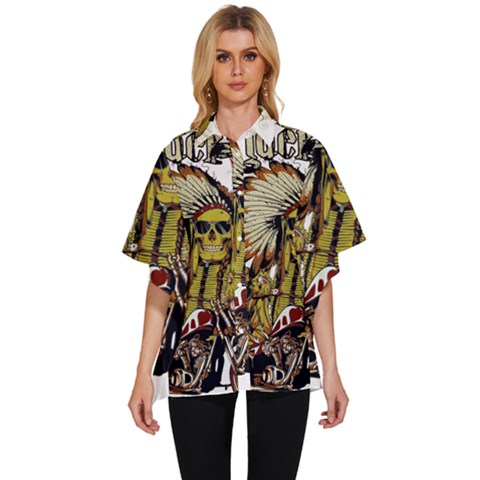 Motorcycle And Skull Cruiser Native American Women s Batwing Button Up Shirt by Sarkoni