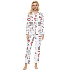 Vector Thin Line Art Vet Seamless Pattern Womens  Long Sleeve Velvet Pocket Pajamas Set