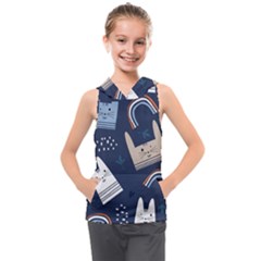 Colorful Cute Cats Seamless Pattern Kids  Sleeveless Hoodie by Bedest