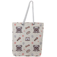 Pug Dog Cat With Bone Fish Bones Paw Prints Ball Seamless Pattern Vector Background Full Print Rope Handle Tote (large)