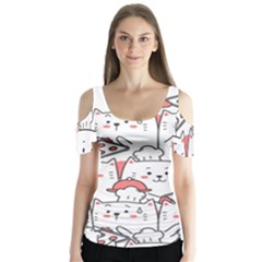 Cute Cat Chef Cooking Seamless Pattern Cartoon Butterfly Sleeve Cutout T-shirt 