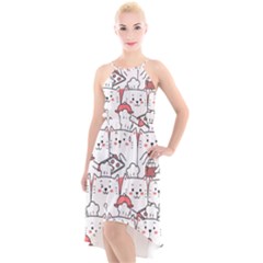 Cute Cat Chef Cooking Seamless Pattern Cartoon High-low Halter Chiffon Dress 