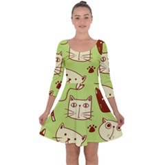 Cute Hand Drawn Cat Seamless Pattern Quarter Sleeve Skater Dress