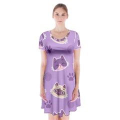 Cute Colorful Cat Kitten With Paw Yarn Ball Seamless Pattern Short Sleeve V-neck Flare Dress by Bedest