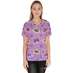 Cute Colorful Cat Kitten With Paw Yarn Ball Seamless Pattern Women s V-neck Scrub Top by Bedest