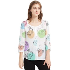 Cartoon Bird Cute Doodle Bird Chiffon Quarter Sleeve Blouse by Bedest