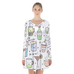 Drinks Cocktails Doodles Coffee Long Sleeve Velvet V-neck Dress