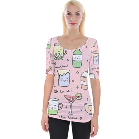 Drink Cocktail Doodle Coffee Wide Neckline T-shirt by Apen