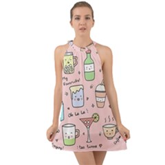 Drink Cocktail Doodle Coffee Halter Tie Back Chiffon Dress