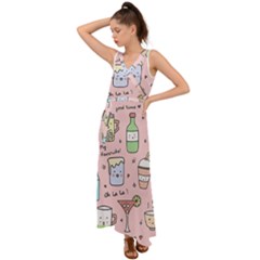 Drink Cocktail Doodle Coffee V-neck Chiffon Maxi Dress by Apen