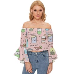 Drink Cocktail Doodle Coffee Off Shoulder Flutter Bell Sleeve Top by Apen