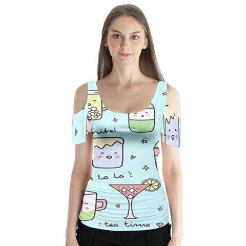 Drinks Cocktails Doodle Coffee Butterfly Sleeve Cutout T-shirt  by Apen