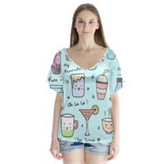 Drinks Cocktails Doodle Coffee V-neck Flutter Sleeve Top by Apen