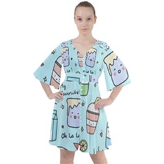 Drinks Cocktails Doodle Coffee Boho Button Up Dress by Apen