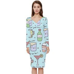 Drinks Cocktails Doodle Coffee Long Sleeve V-neck Bodycon Dress  by Apen