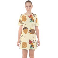 Leaves Foliage Acorns Barrel Sixties Short Sleeve Mini Dress