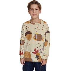 Leaves Foliage Acorns Barrel Kids  Crewneck Sweatshirt by Apen