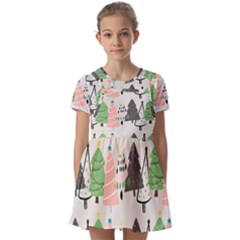 Christmas Trees Icons Kids  Short Sleeve Pinafore Style Dress