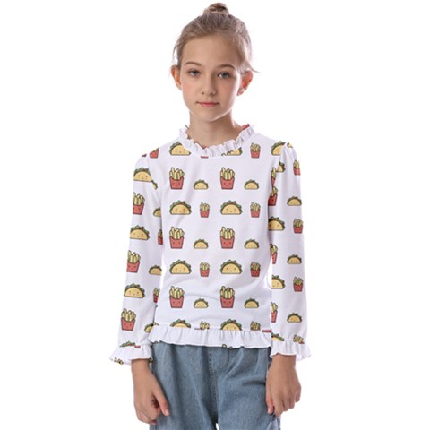 Fries Taco Pattern Fast Food Kids  Frill Detail T-shirt by Apen