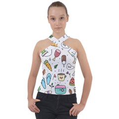 Doodle Fun Food Drawing Cute Cross Neck Velour Top