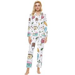 Doodle Fun Food Drawing Cute Womens  Long Sleeve Velvet Pocket Pajamas Set