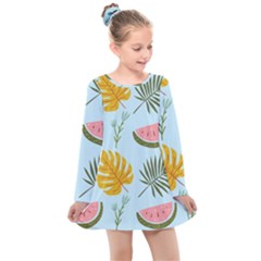 Watermelon Leaves Fruit Foliage Kids  Long Sleeve Dress