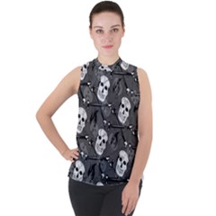 Skull Skeleton Pattern Texture Mock Neck Chiffon Sleeveless Top by Apen