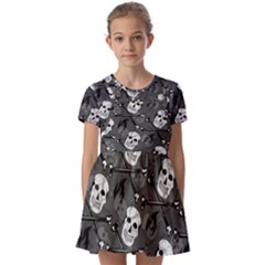 Skull Skeleton Pattern Texture Kids  Short Sleeve Pinafore Style Dress