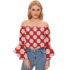 Christmas Snowflakes Background Pattern Off Shoulder Flutter Bell Sleeve Top