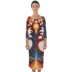 Tree Cosmic Spiritual Meditation Quarter Sleeve Midi Bodycon Dress by Apen