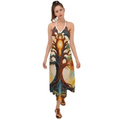 Tree Cosmic Spiritual Meditation Halter Tie Back Dress  by Apen