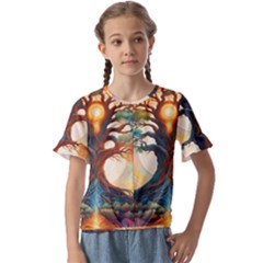 Tree Cosmic Spiritual Meditation Kids  Cuff Sleeve Scrunch Bottom T-shirt