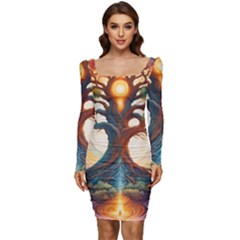 Tree Cosmic Spiritual Meditation Women Long Sleeve Ruched Stretch Jersey Dress by Apen