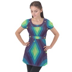 Pattern Blue Green Retro Design Puff Sleeve Tunic Top by Ravend