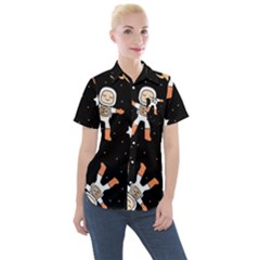 Astronaut Space Rockets Spaceman Women s Short Sleeve Pocket Shirt