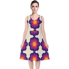 Flower Pattern Design Seamless V-neck Midi Sleeveless Dress 