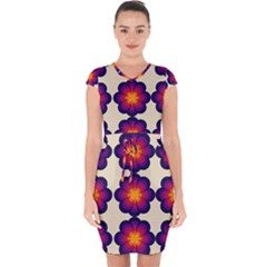 Flower Pattern Design Seamless Capsleeve Drawstring Dress 