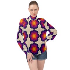 Flower Pattern Design Seamless High Neck Long Sleeve Chiffon Top by Ravend