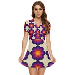 Flower Pattern Design Seamless V-neck High Waist Chiffon Mini Dress